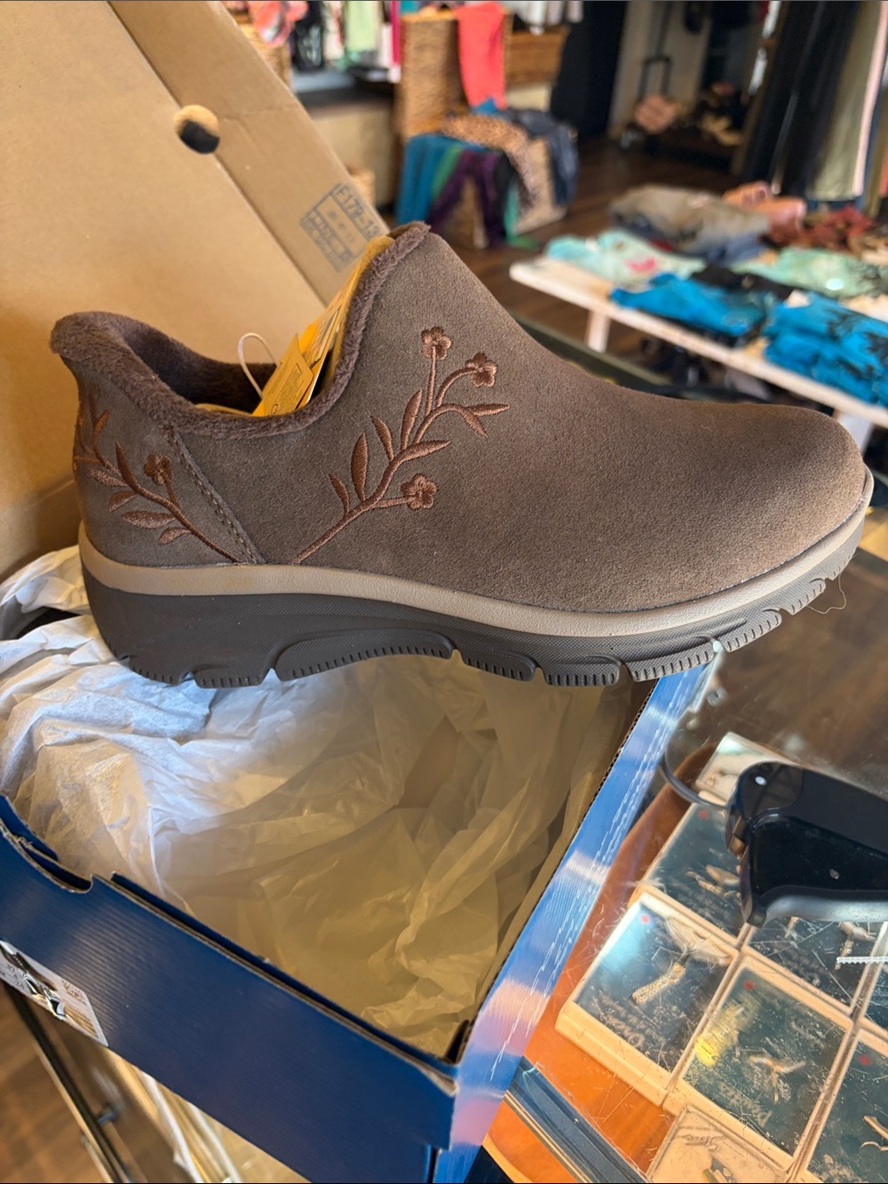 Skechers Women's Brown Suede Slip-On Clog with Floral Stitching